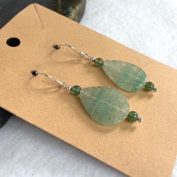 Sterling Silver 925 Beaded Carved Jadeite & Tourmaline Leaf Dangle Earrings - Picture 12 of 16